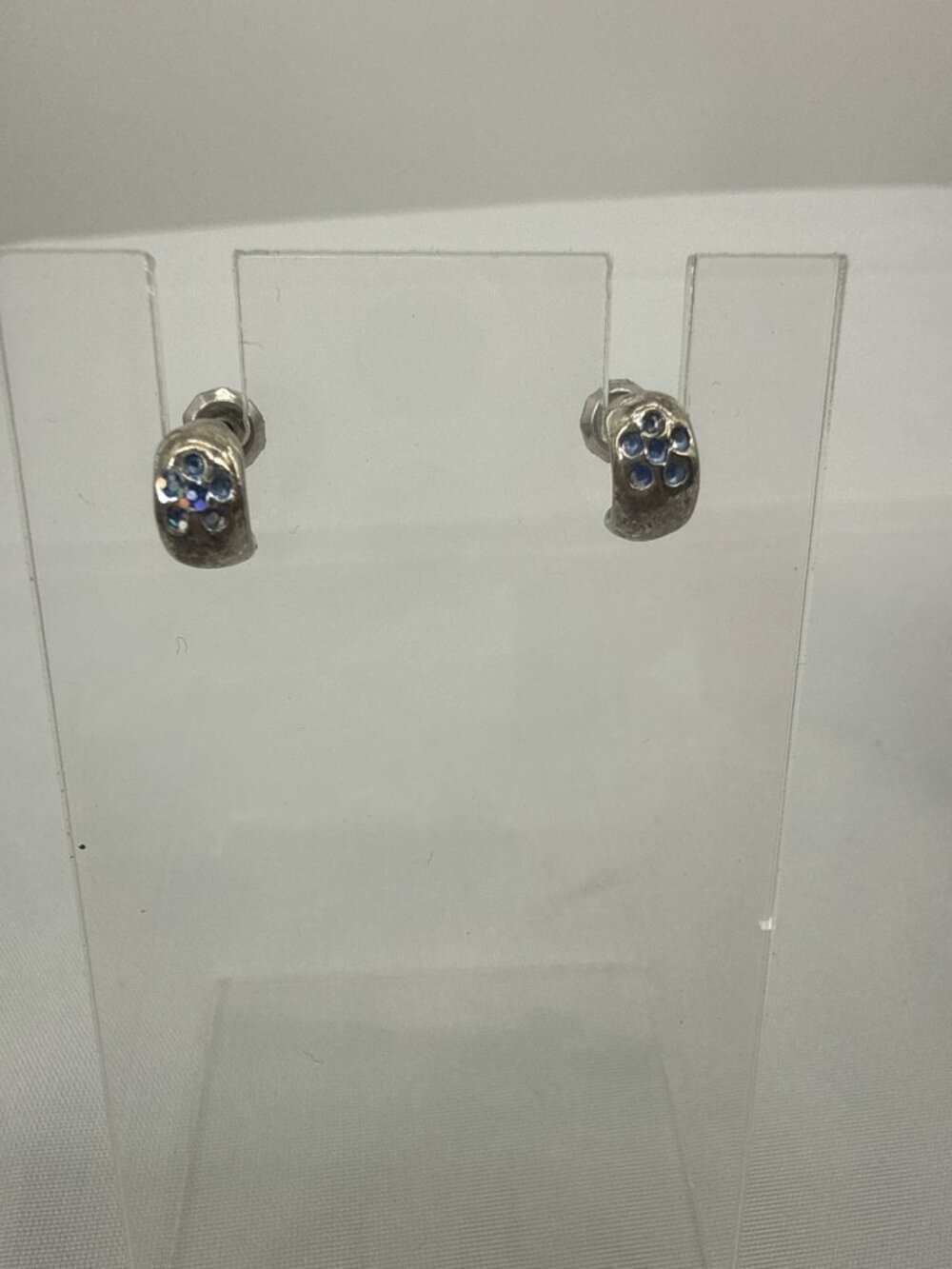 Vintage Y2K Silver Blue Rhinestone Flower J Hoop Earrings